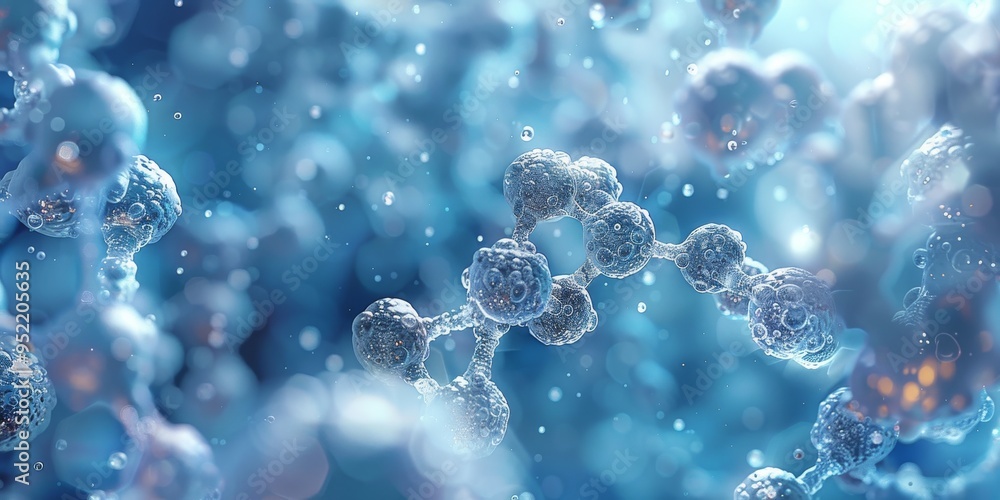 A soft and serene scene with a light blue background, featuring the molecular structure of nicotinamide mononucleotide (NMN) artistically rendered with various stylized letters A soft and serene scene with a light blue background, featuring the molecular structure of nicotinamide mononucleotide (NMN) artistically rendered with various stylized letters