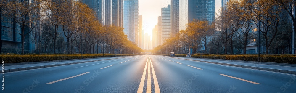 Pristine Empty Road Through Modern Cityscape at Morning Light Pristine Empty Road Through Modern Cityscape at Morning Light