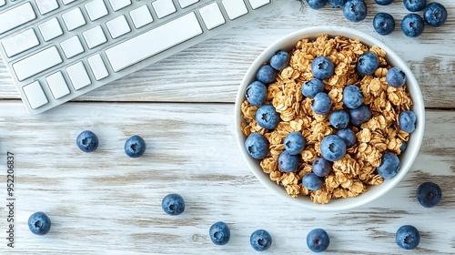 Delicious granola with blueberries in bowl stationery and computer keyboard on white wooden table flat lay : Generative AI photo