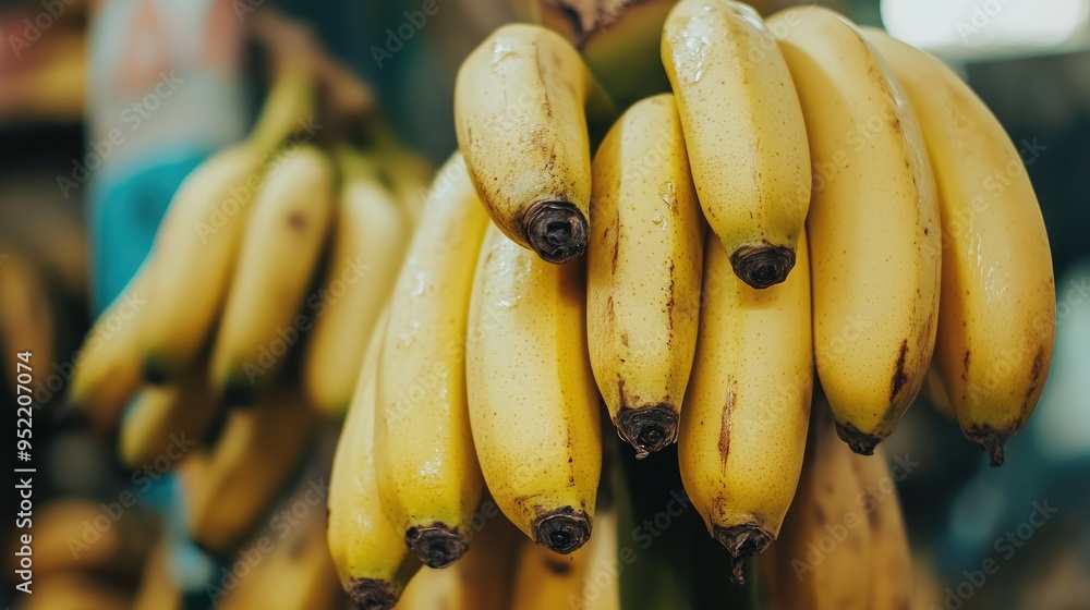 A bunch of ripe bananas, highlighting their vibrant yellow color, showcasing them as a healthy and nutritious choice. A bunch of ripe bananas, highlighting their vibrant yellow color, showcasing them as a healthy and nutritious choice.