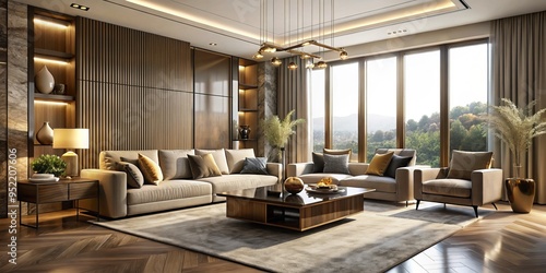 Wallpaper Mural * A minimalist living space showcases refined luxury, balancing beige hues with metallic accents amidst abundant natural light and plush textures. Torontodigital.ca