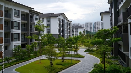 New modern block of flats in green area residential apartment with flat buildings exterior luxury house complex Part of City Real estate property condo architecture apartment insurance : Generative AI