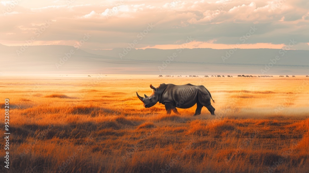 Fototapeta premium Majestic Rhino Walking Across Golden Savannah at Sunset, Symbolizing Endangered Species Hope