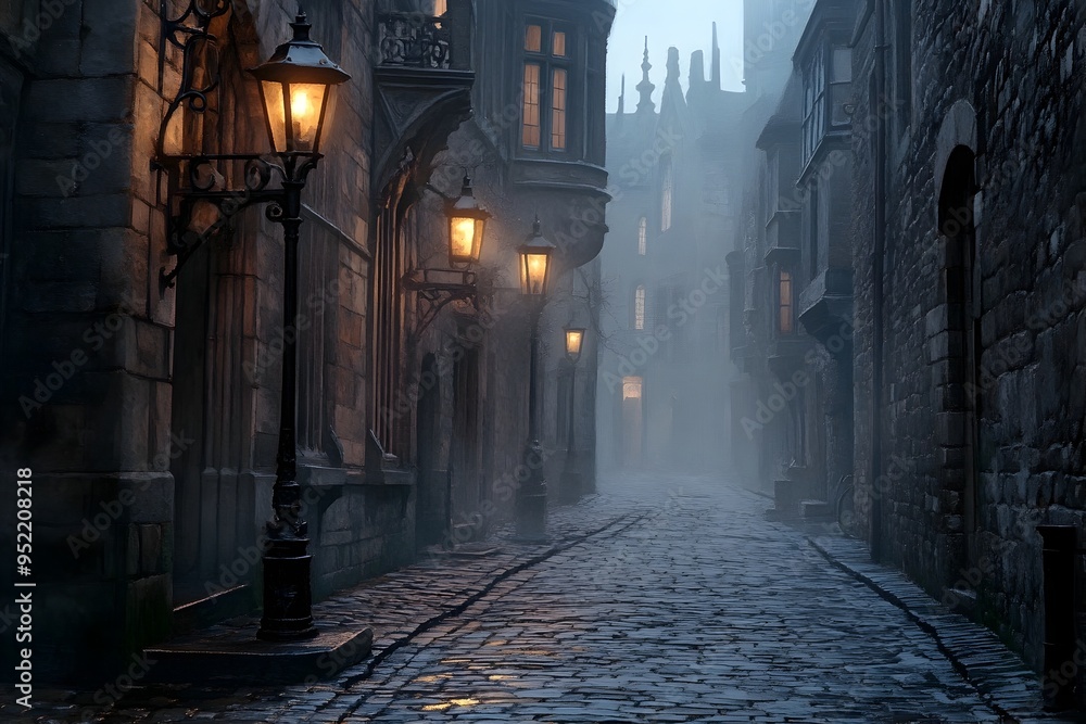 Fototapeta premium Moody Rainy Night in Medieval City Alley with Glowing Lanterns and Cobblestone Path