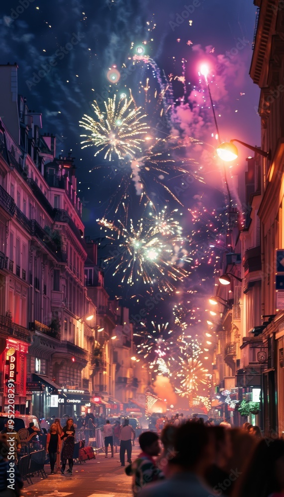 Naklejka premium Joyful Bastille Day Celebration in France with Lively Fireworks Display and Parades