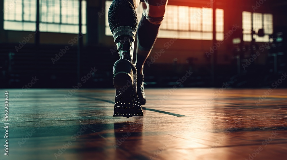 Fototapeta premium A prosthetic leg with a running blade attachment placed on a gym floor, highlighting its athletic purpose.