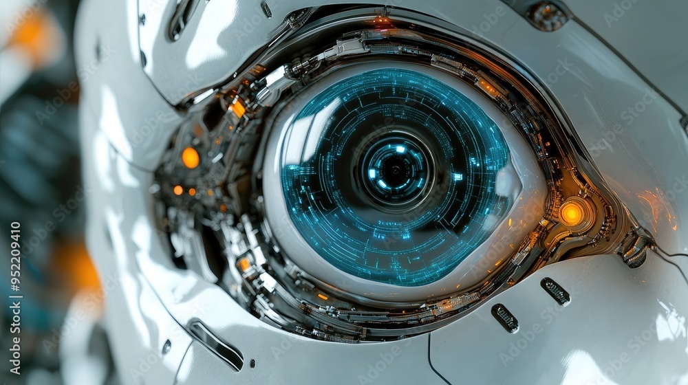 A robot's artificial eye, with focus on the lens and internal circuitry, capturing its intricate design. A robot's artificial eye, with focus on the lens and internal circuitry, capturing its intricate design.