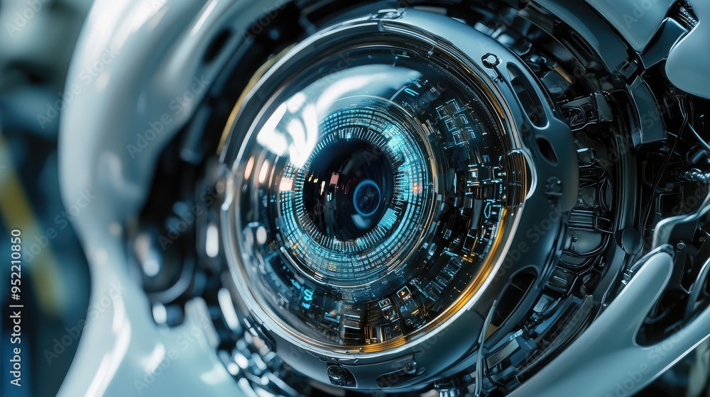 A robot's synthetic eye, with a focus on the lens and internal circuitry, capturing the intricate design. A robot's synthetic eye, with a focus on the lens and internal circuitry, capturing the intricate design.