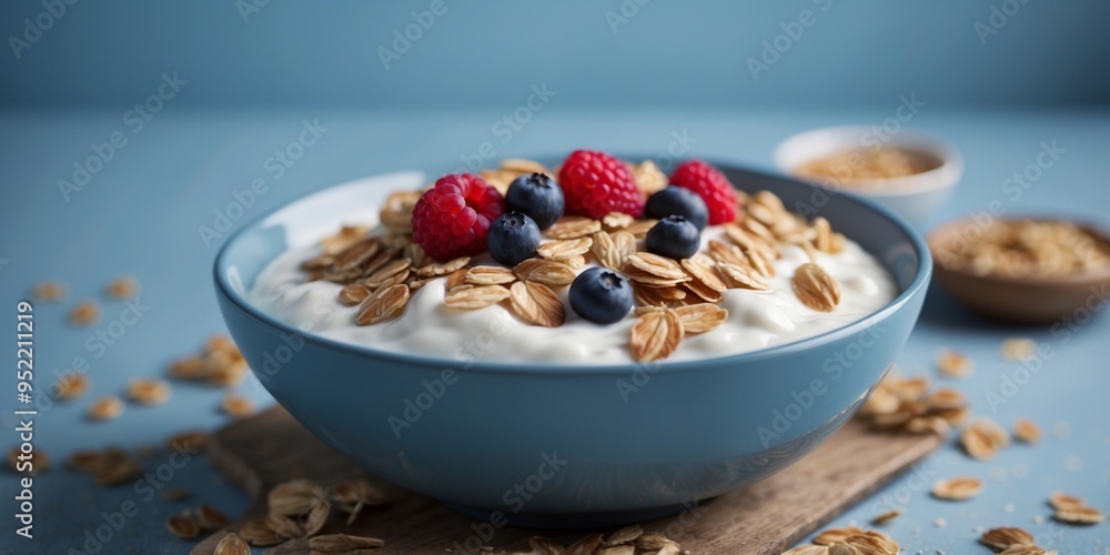 Bowl of Yogurt with Oats on Blue Background. Bowl of Yogurt with Oats on Blue Background.