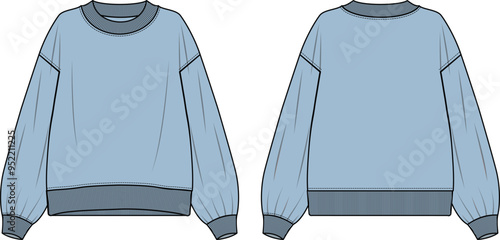 Crew neck Long sleeve Sweatshirt Technical Fashion Illustration. Flat Sketches technical drawing vector template For women.