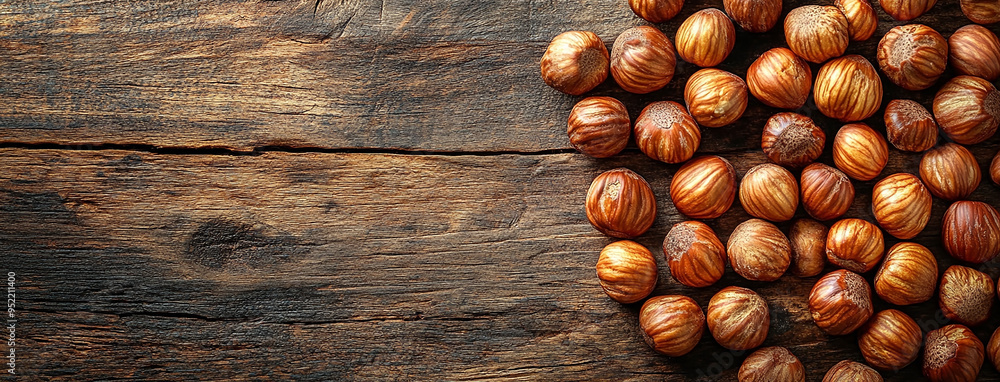 macro closeup flat lay food background photo of hazelnuts on a wooden table with some nuts spread on the tabletop and blank text space at side macro closeup flat lay food background photo of hazelnuts on a wooden table with some nuts spread on the tabletop and blank text space at side