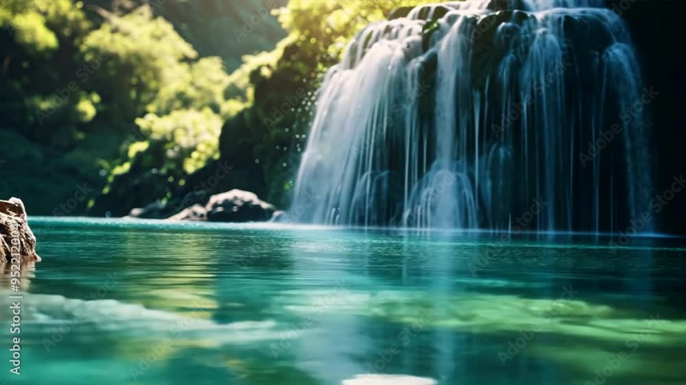 A waterfall is flowing into a pool of water. The water is blue and the sky is clear A waterfall is flowing into a pool of water. The water is blue and the sky is clear