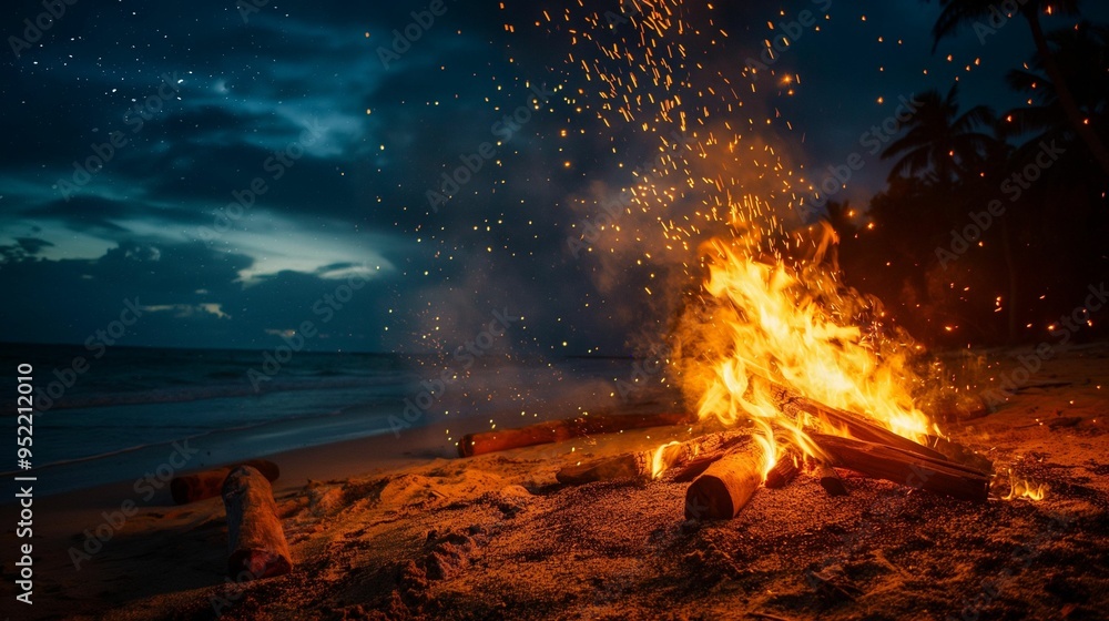 Image of the flame of the fire brightly burns on the sandy shores of the beach. Image of the flame of the fire brightly burns on the sandy shores of the beach.