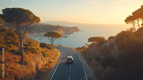 car drive on the road of Mediterranean beach Highway view on coast on way to summer holiday driving on coast of France Europe travel trip in blue sea coast road landscape holiday journ : Generative AI photo