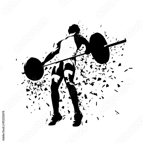 Weightlifting, man lifting big barbell, isolated vector silhouette. Ink drawing