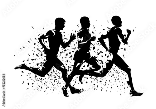 Run, group of running men, isolated vector silhouette, side view