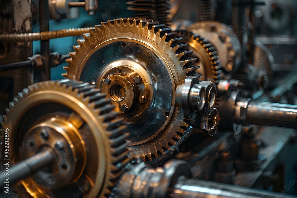 A close up of a bunch of gears on a machine A close up of a bunch of gears on a machine