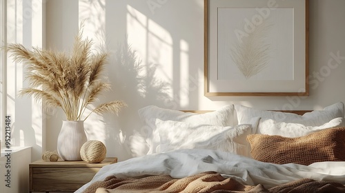 Elegant boho bedroom interior Vertical wooden picture frame mockup on old bedside table Cup of coffee Ball vase with dry grass Beige linen throw bedding White wall background Scandinav : Generative AI