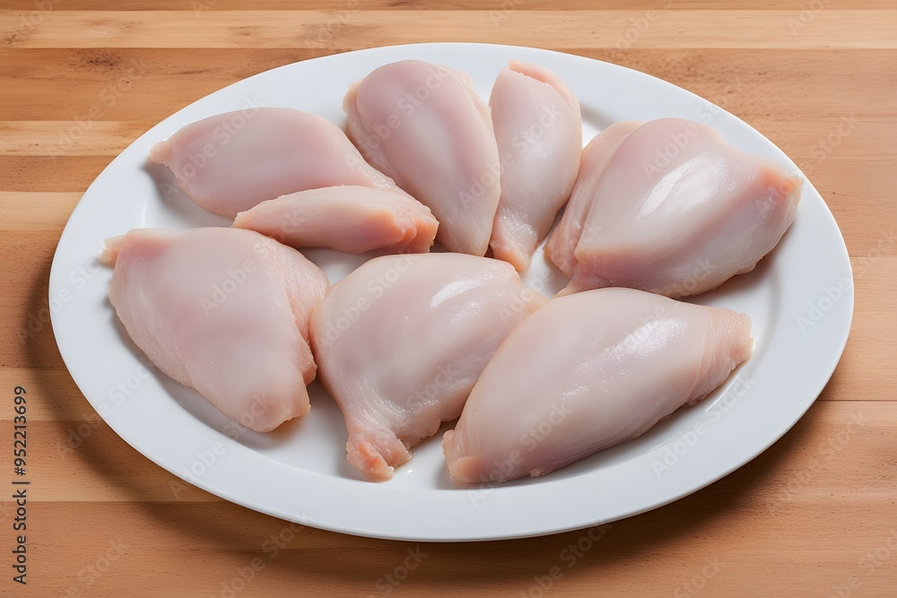 A selection of raw chicken breasts arranged neatly on a white plate ready for seasoning, AI Generated A selection of raw chicken breasts arranged neatly on a white plate ready for seasoning, AI Generated