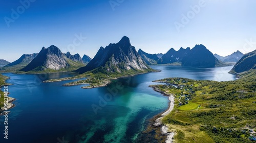 The stunning landscape of the Lofoten Islands, Norway, with dramatic cliffs and serene fjords