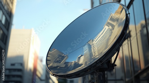 Close-up of a satellite dish with reflections of nearby buildings, focusing on the dishas smooth, reflective surface photo