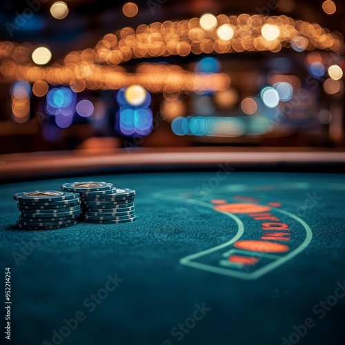 Close-Up of green Table with Blurred Casino Background