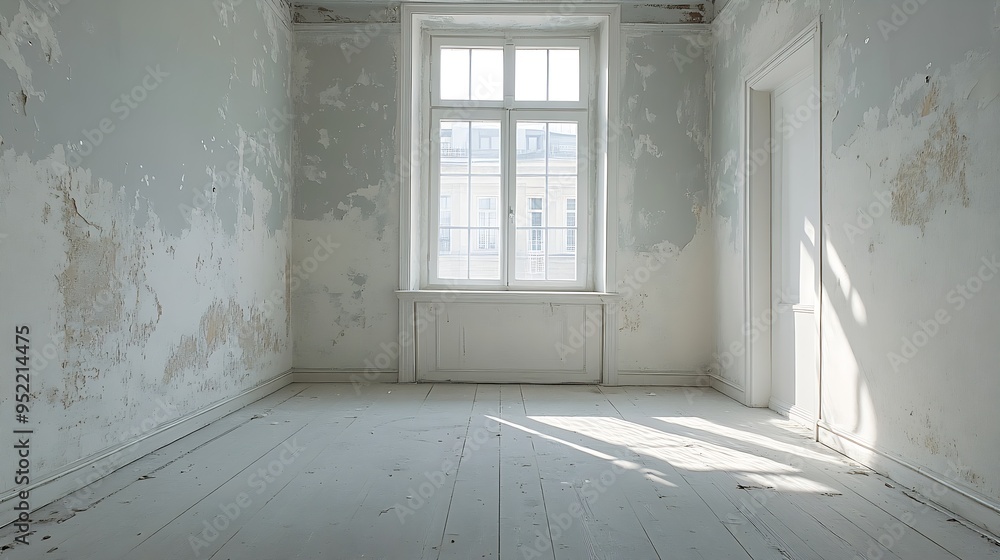 Fototapeta premium Interior of a small empty room with one window during renovation : Generative AI