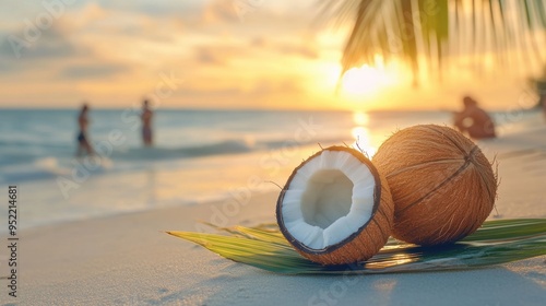 Fototapeta Naklejka Na Ścianę i Meble -  Coconut fruit closeup view on sandy tropical beach with sunset
