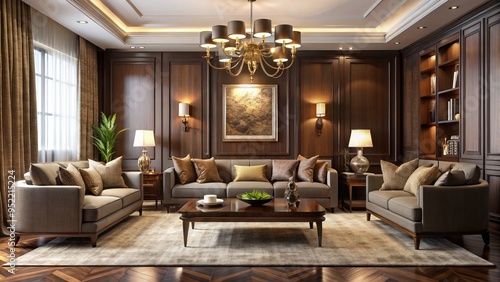 Bespoke-designed furniture pieces shine in a setting of rich  dark wood tones  soft  warm lighting  and velvety textures  with subtle sheen and a neutral-colored accent wall s understated elegance.