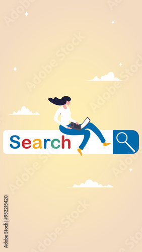 Search box, SEO search engine optimization or finding website from internet, online job or career opportunity concept, woman working with computer laptop on search box with magnifying glass button. 