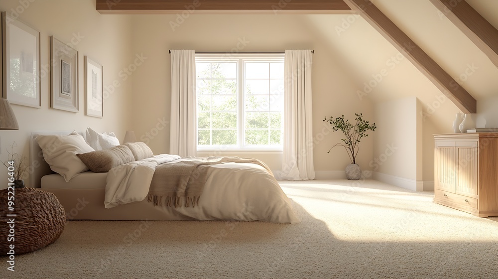Fototapeta premium Empty bedroom in soft ivory with soft brown carpet floor and vaulted ceiling : Generative AI
