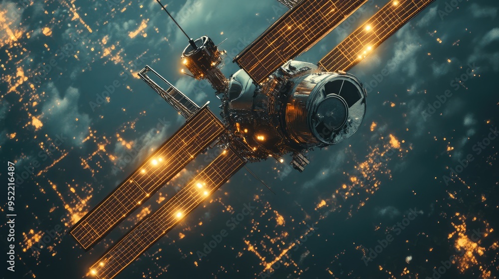 Close-up of a satelliteas navigation system, focusing on the sensor alignment and precision. Close-up of a satelliteas navigation system, focusing on the sensor alignment and precision.