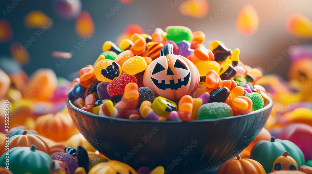 Candies in a bowl that will be given to children when Halloween begins, including a variety of candies from gummy to hard, with different sweet and savory flavors. Candies in a bowl that will be given to children when Halloween begins, including a variety of candies from gummy to hard, with different sweet and savory flavors.