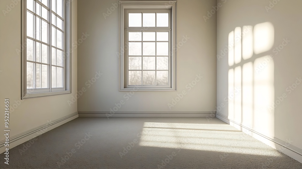 Bright empty bedroom in light ivory tone with carpet floor and small window : Generative AI Bright empty bedroom in light ivory tone with carpet floor and small window : Generative AI