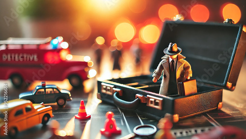 toy detective briefcase at the edge of the frame, blurred toy crime scene