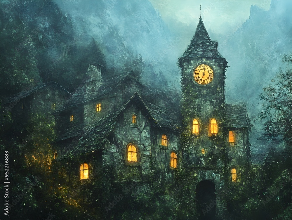 Enchanting Medieval Castle Illuminated at Night in Foggy Autumn Forest Landscape Enchanting Medieval Castle Illuminated at Night in Foggy Autumn Forest Landscape