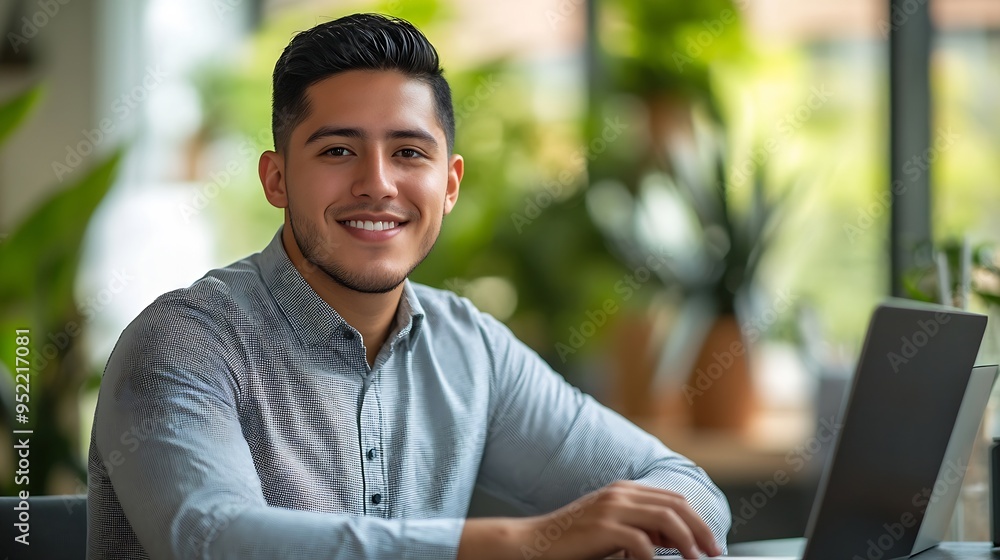 Fototapeta premium Happy professional business man company employee young entrepreneur smiling latin businessman working on laptop computer technology looking at camera working in office sitting at desk : Generative AI