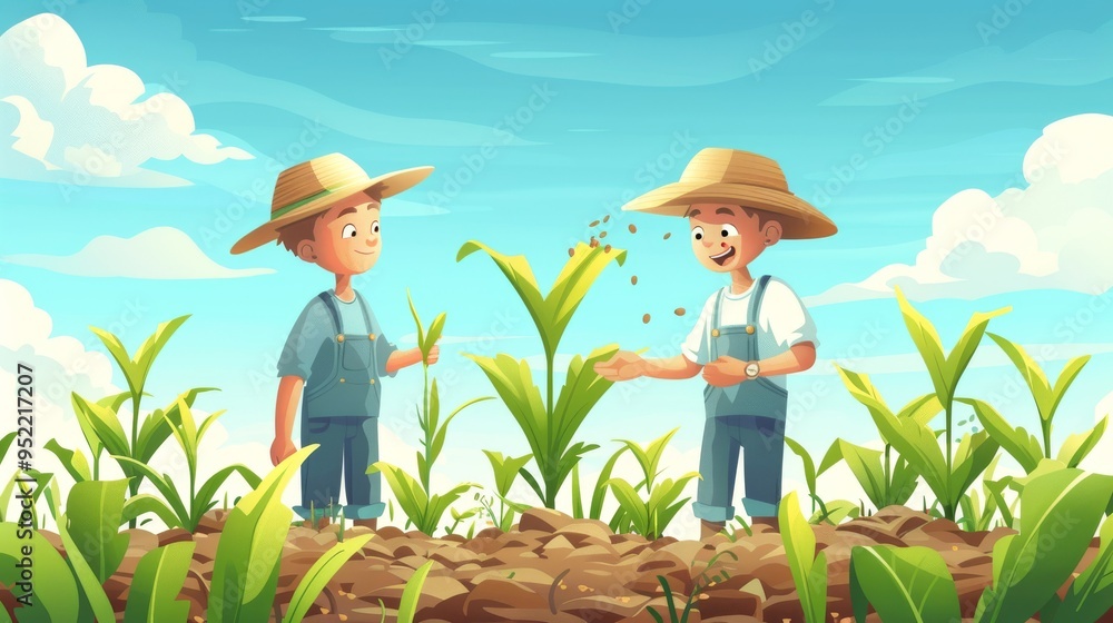 Cartoon vector farmers inspecting plants for pests Cartoon vector farmers inspecting plants for pests