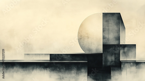 Abstract geometric shapes and fog in a muted color palette, creating a minimalist and atmospheric scene.