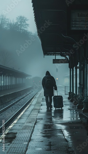 Solitary Figure at Foggy Train Platform Reflecting on Journeys - Travel Poster Design photo