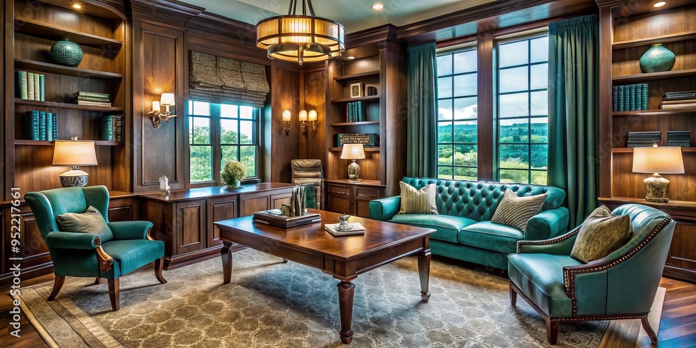 Elegance fills a serene study, where Foxwood's rich wood tones blend with plush gray carpet, turquoise pillows, and bronze fixtures under warm golden lighting. Elegance fills a serene study, where Foxwood's rich wood tones blend with plush gray carpet, turquoise pillows, and bronze fixtures under warm golden lighting.