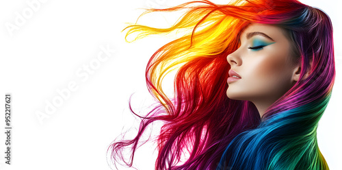 Portrait of young woman with multicolored rainbow-colored hairstyle isolated on background, fashion photo 