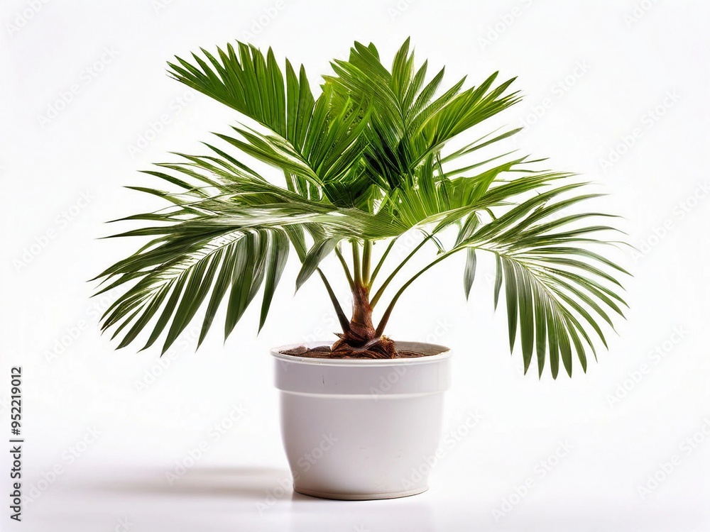 Indoor plants and vase image of king palm white and pink background. Indoor plants and vase image of king palm white and pink background.