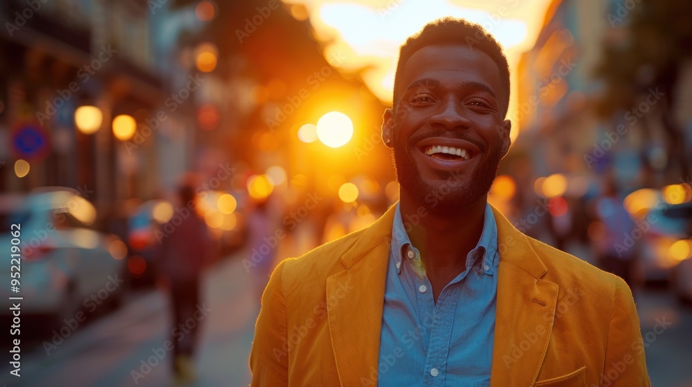 A man beams with happiness, dressed in a stylish jacket, as the sun sets behind him in a bustling urban environment A man beams with happiness, dressed in a stylish jacket, as the sun sets behind him in a bustling urban environment