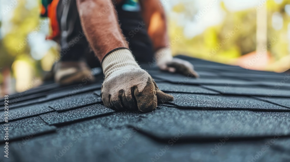 Worker Installing Asphalt Shingles on New Home Roof Under Construction Worker Installing Asphalt Shingles on New Home Roof Under Construction