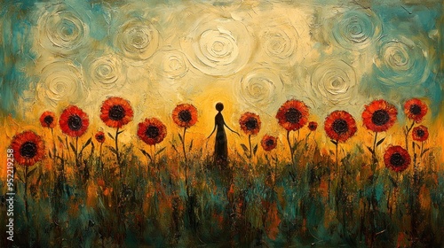 A silhouette strolls through a field of sunflowers, embracing a serene sunset in a vibrant landscape photo