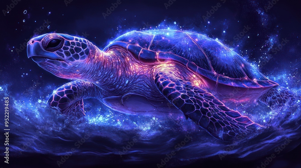 Obraz premium A magical turtle swims effortlessly through sparkling waters, illuminated by a galaxy of colors and light