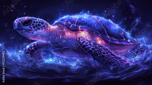 A magical turtle swims effortlessly through sparkling waters, illuminated by a galaxy of colors and light photo