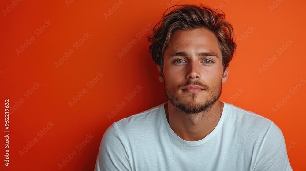 A man with tousled hair relaxes in front of a bright orange backdrop, exuding a cool yet approachable vibe A man with tousled hair relaxes in front of a bright orange backdrop, exuding a cool yet approachable vibe