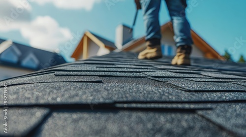 Worker Installing Asphalt Shingles on New Home Roof Under Construction